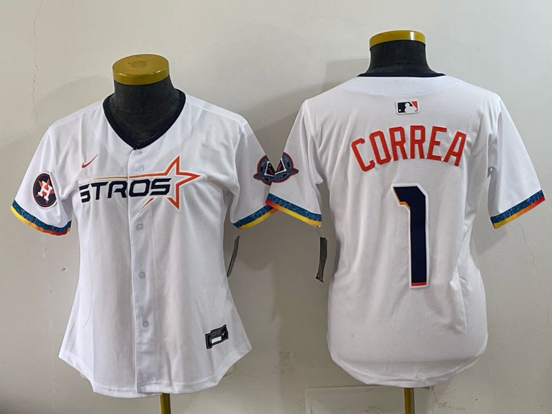 Women 2025 Houston Astros #1 Correa White Four generations Joint Name Nike MLB Jersey style 03